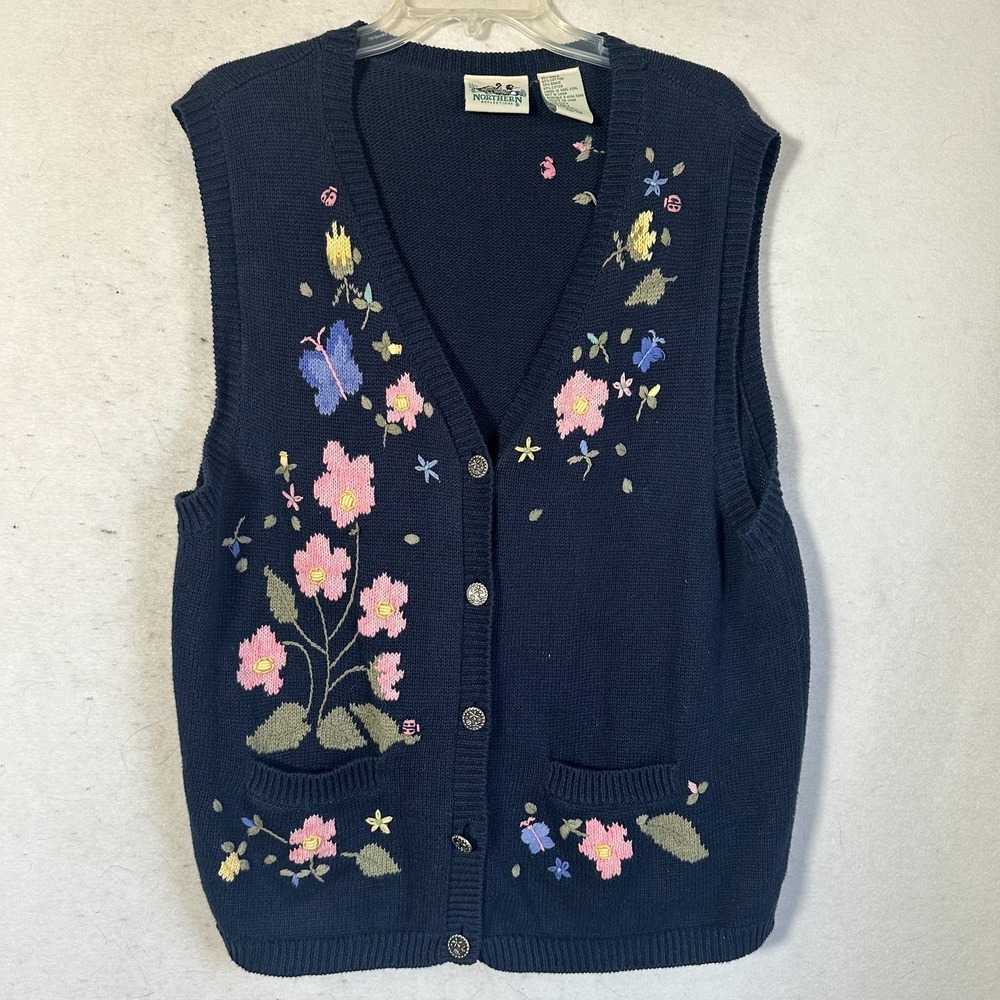 Northern Reflections Sweater Vest‎ Size XL navy blue floral butterflies cottage